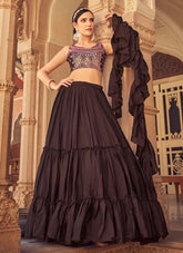 Party Wear  Brown Chinnon Thread and Mirro Work Lehenga Choli